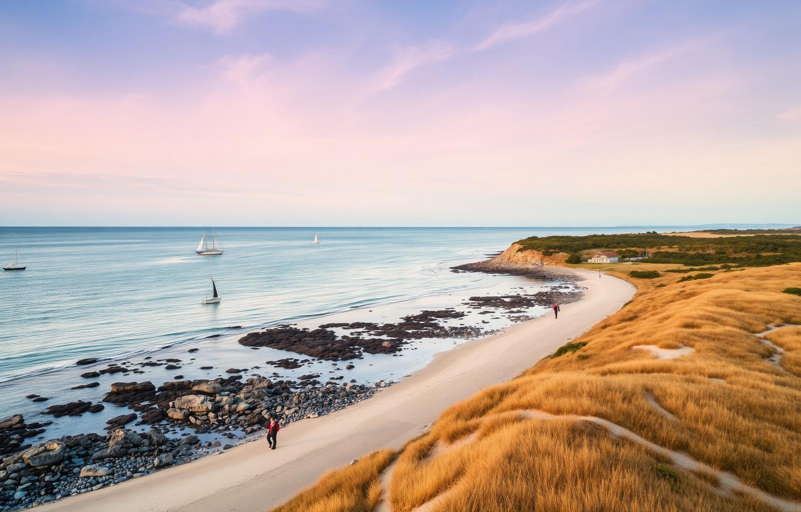 Aerial view of Cape Ann coastline at golden hour