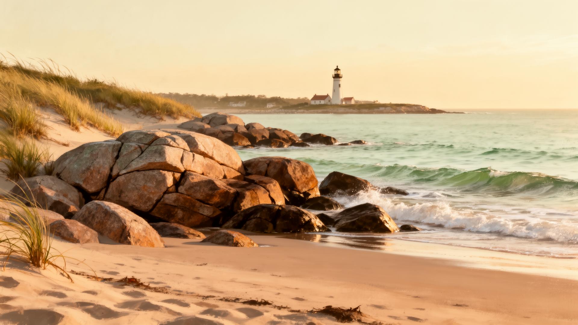 Cape Ann coastline at golden hour with lighthouse and sandy beach